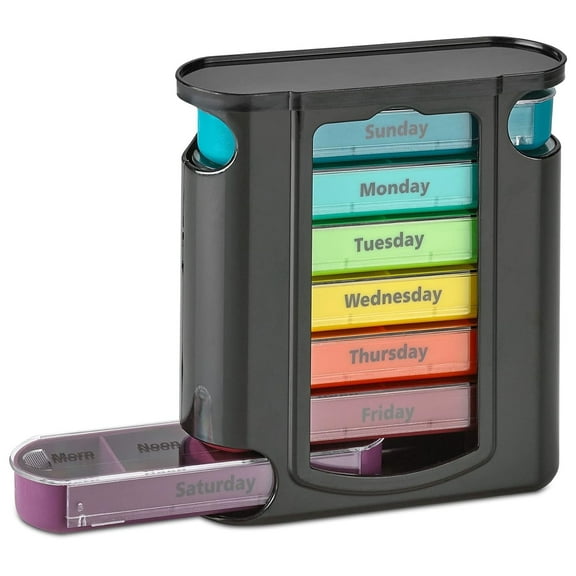 Weekly Pill Organizer, 1 Dispenser, 7 Stackable Compartments Four Times-a-Day - Morning, Noon, Evening, and Bedtime, Black