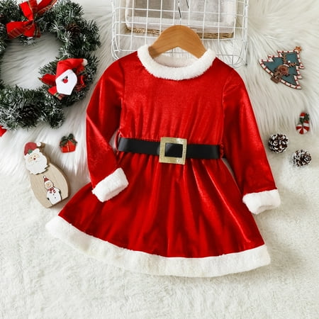 

fzm christmas toddler kids baby girl christmas outfit xmas dress long sleeve velvet princess dresses with belt santa clothes set