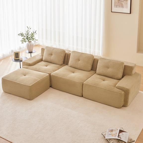 Aukfa 4-Piece Cloud Couch Sectional Sofa with Ottoman, 117" L-Shaped Deep Seat Boneless Couch, Upholstered Living Room Furniture Set, Camel