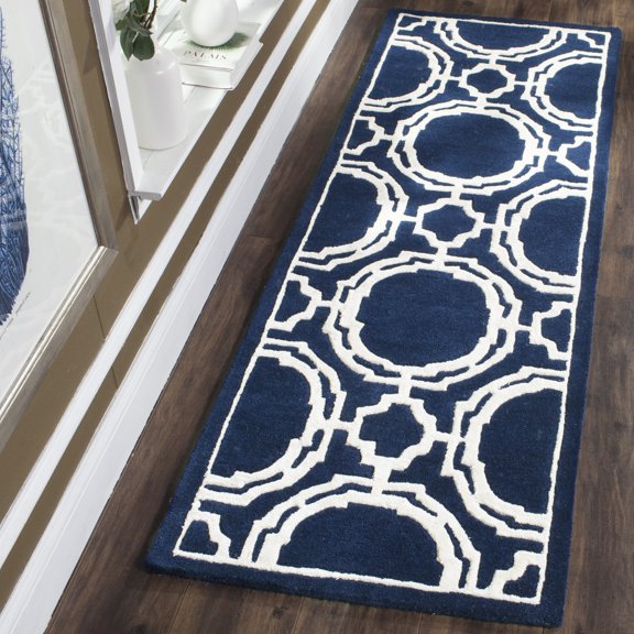 SAFAVIEH Chatham Edwin Geometric Wool Runner Rug, Dark Blue/Ivory, 2'3" x 7'