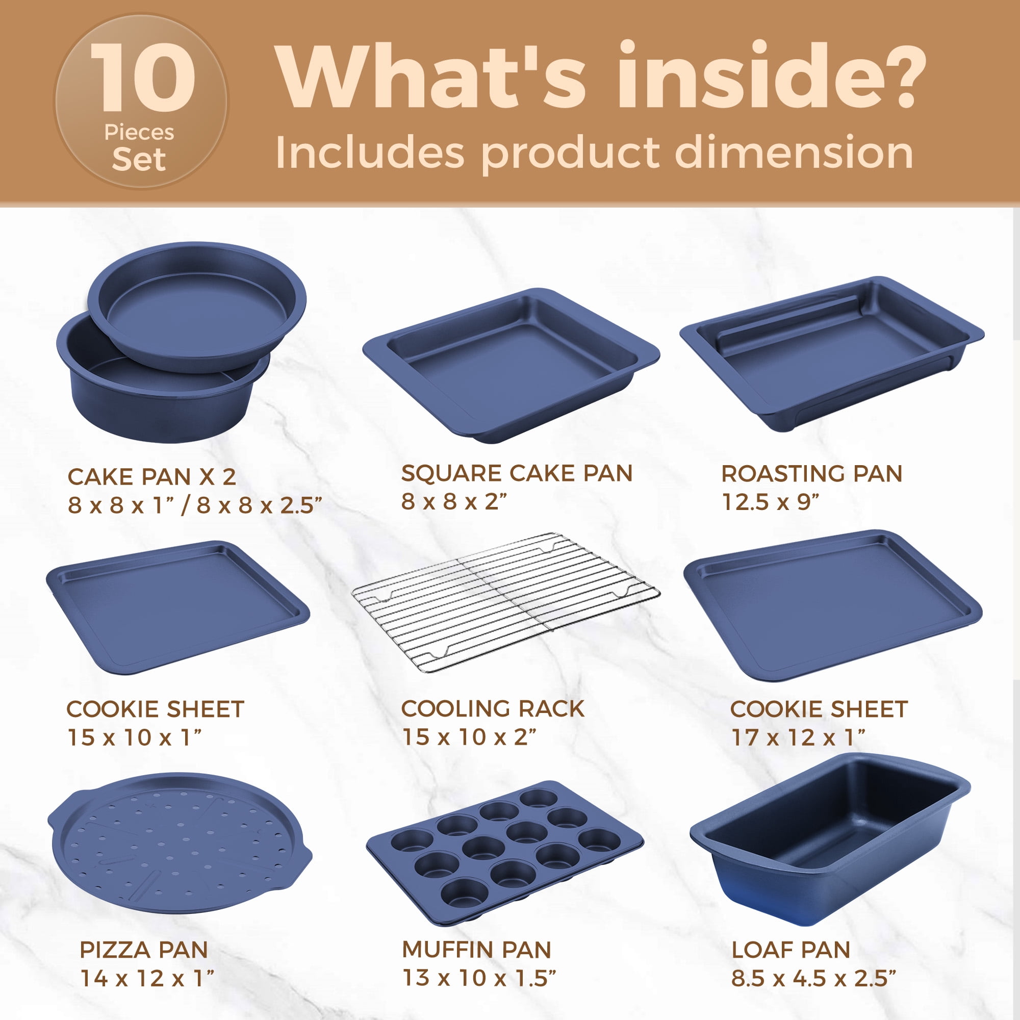 HONGBAKE 10-Piece Nonstick Carbon Steel Bakeware Set, Baking Pan Set with Baking Sheets, Cake Pans, Loaf Pan & Muffin Pan, Champagne Blue