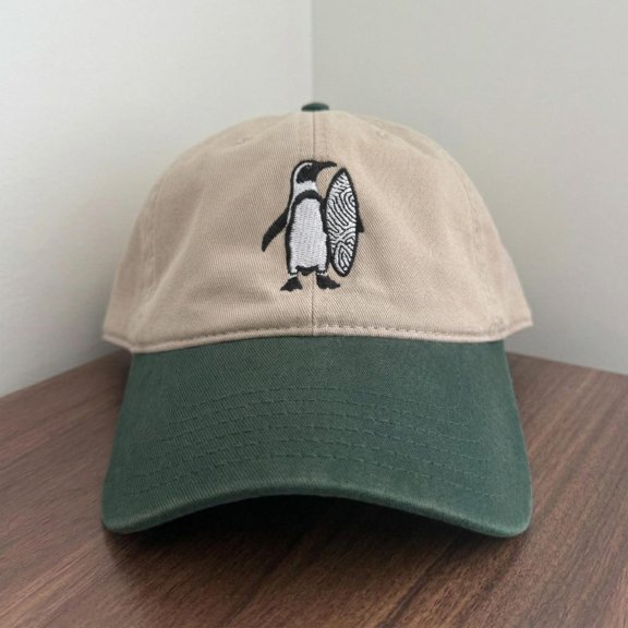 Penguin Surfer Hat, Men Women Embroidered Cap, Surf Penguin Dad Hat, Gift For Surfers, Retro Beach Style Cap, 6 Panel, Low Profile, Unfreamed 12x18
