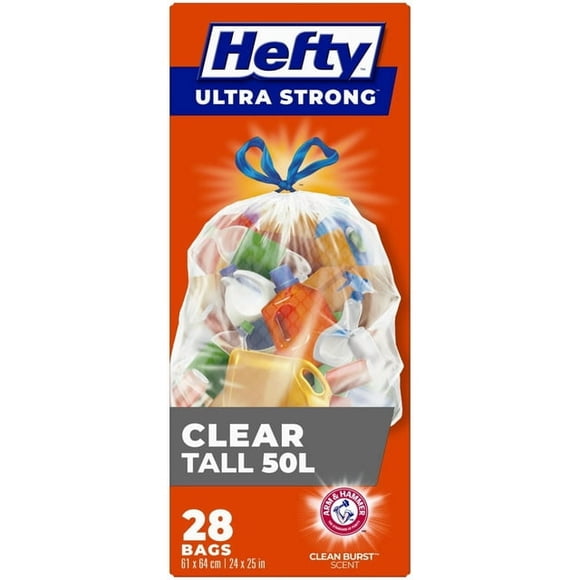 Hefty® Garbage Bags, Ultra Strong Tall 50 Litres Clear Recycling, Drawstring, Arm & Hammer odour neutralizer, 28 Bags