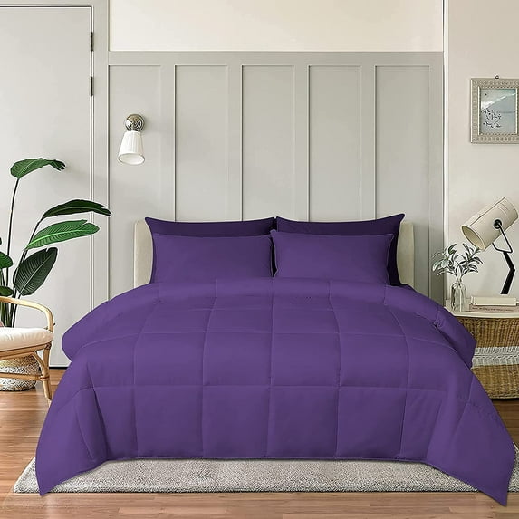 Full/Queen 5 PC Comforter Set Solid Purple Luxurious Collection Microfiber Fill Lightweight Duvet Insert Box Stiched Quilted Fluffy Soft All Season Cooling Comforters