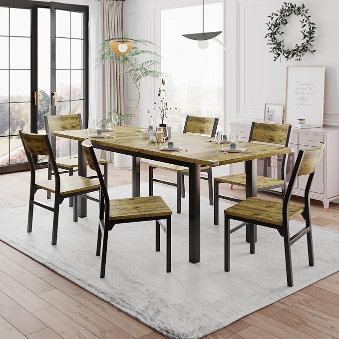 iPormis 63" Extendable Kitchen Table Set for 4-6 People, 7-Piece Large Dining Table Set With 6 Chairs,Mid-Century Modern Dining Room Table,Rustic Brown