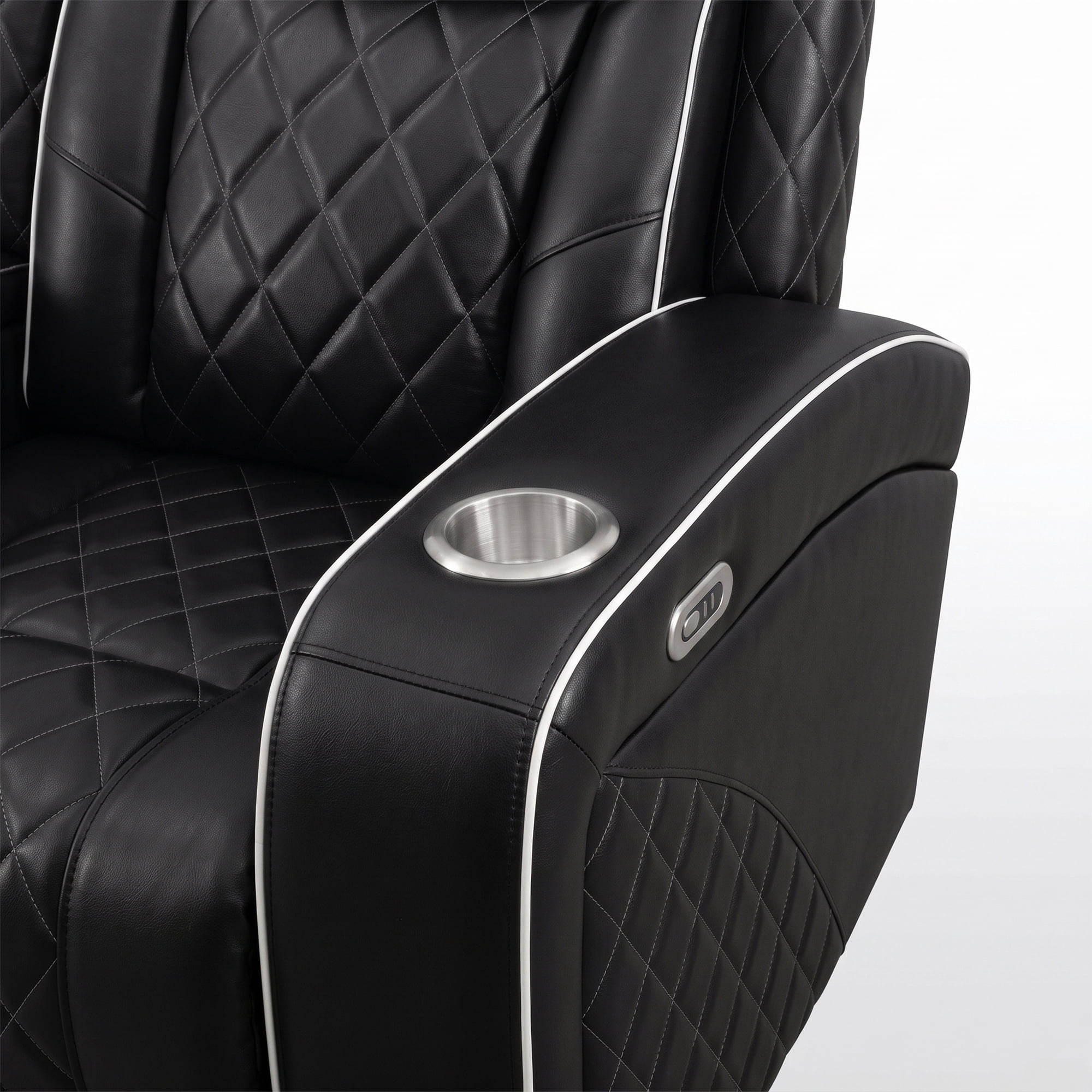 Aukfa Power Recliner RV Sofa with USB, Cup Holders & LED Lighting, Storage Arm, Home Theater Seating for Living Room, PU Leather, Black