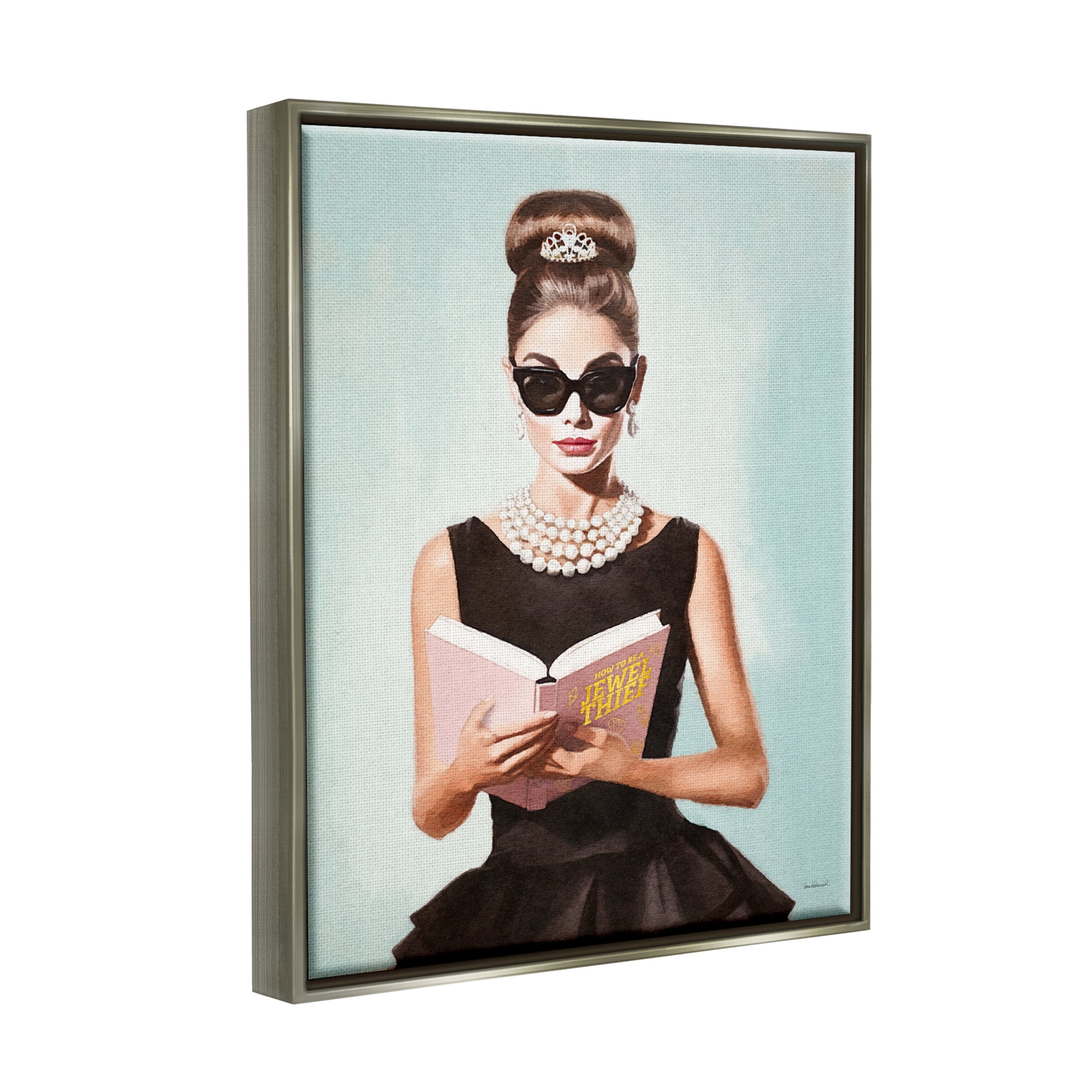 Stupell Industries Trendy Woman Reading Literature & Flim Painting Gray Floater Framed Canvas Art Print Wall Art, 17 x 21