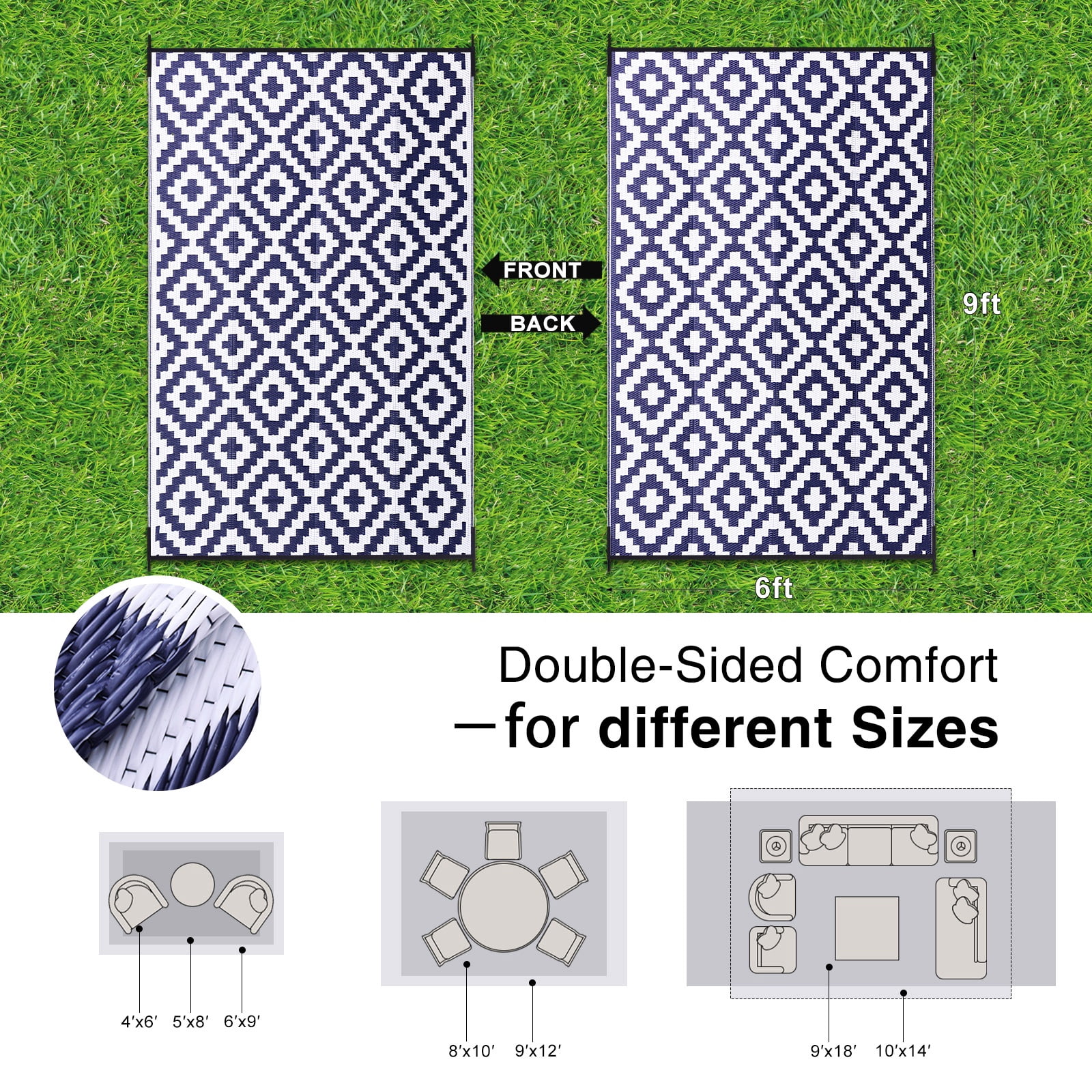 Smiry Outdoor Rug 6x9, Waterproof Reversible Plastic Outdoor Mat, Indoor Outdoor Rugs for Patio, RV, Deck, Porch, Navy & White