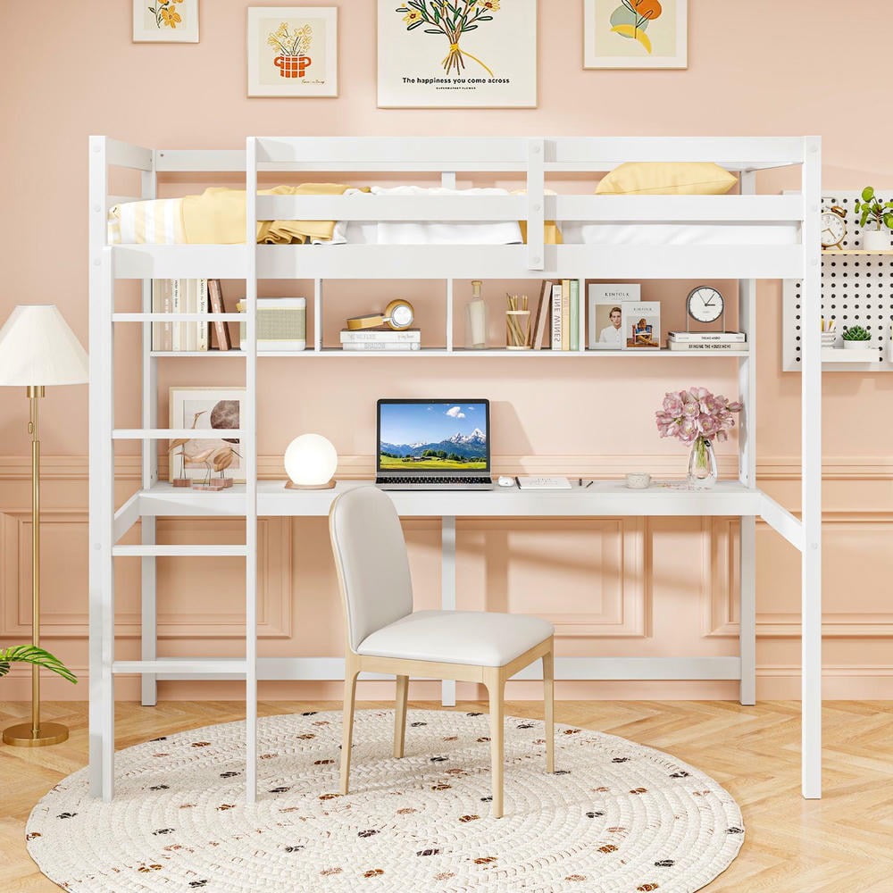 Barara King Twin Size Bedroom Bed Frame with Desk and Shelves, Bed Platform Frame for Home Dorm, Apartment, No Box Spring Needed, White