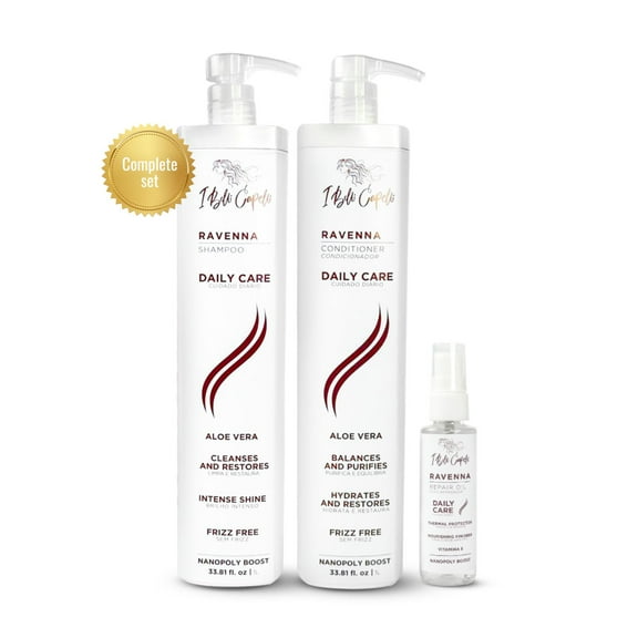 I Belli Capelli Ravenna Daily Care Kit - Aloe Vera Shampoo & Conditioner   Repair Oil – Sulfate & Paraben-Free, Deep Moisture, Breakage Reduction & Repairs Split Endsfor Dry, Damaged & All Hair Types