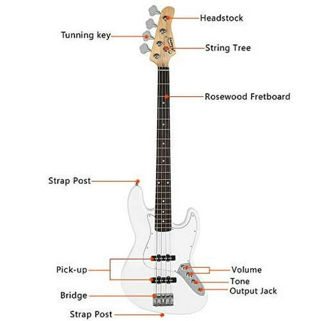 Glarry Gjazz Electric Bass Guitar 4 String Full Size for Beginner Right Hand with Shoulder Strap, Wrench Tool, Power Line and Bag (White)