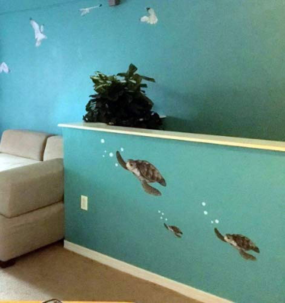 Sea Turtle Wall Decals Family of Ocean Tortoise Room Decor Stickers (5) Turtles 6"-20" and Many Bubbles
