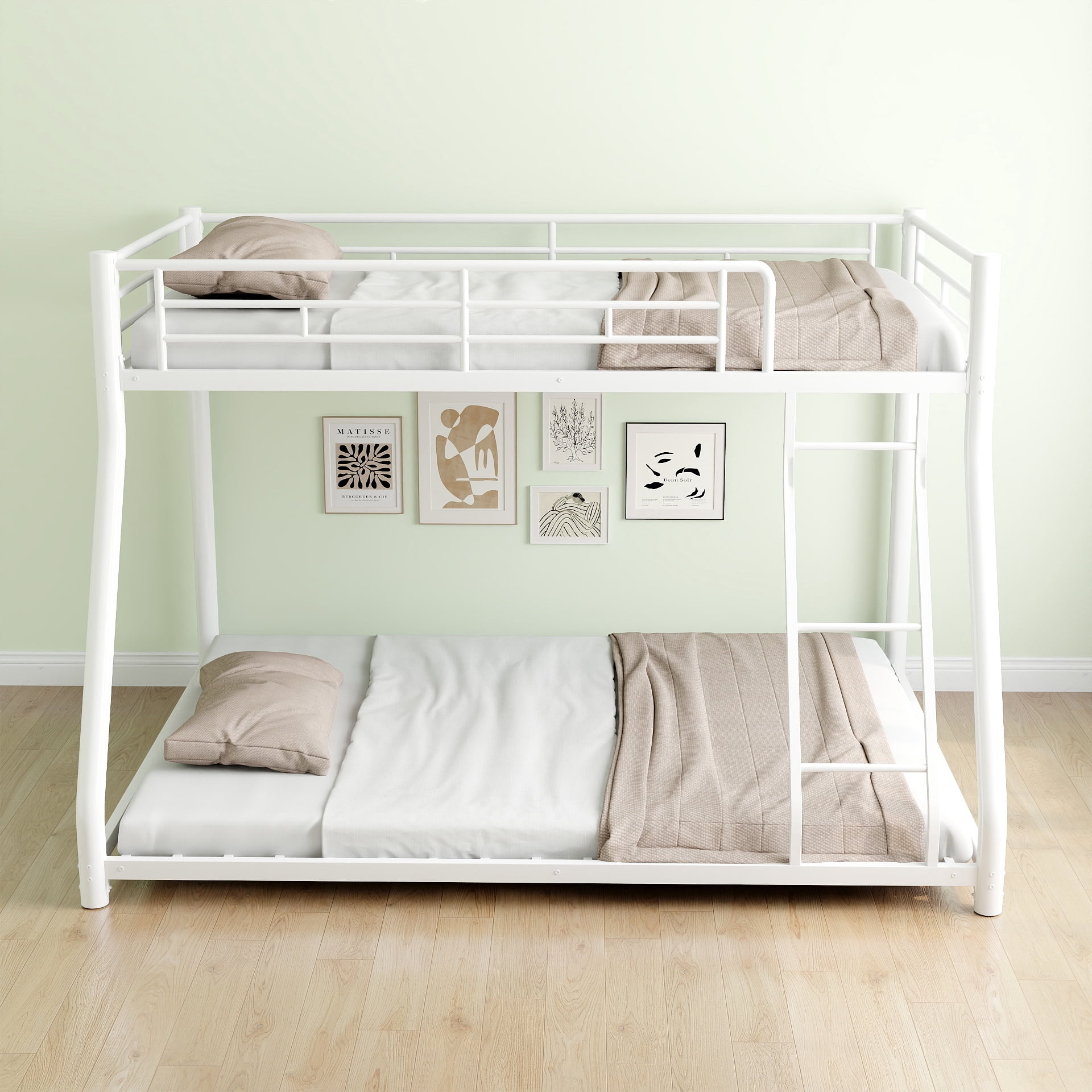 Alvantor Twin over Full Size Metal Bunk Bed for Kids Teens, Heavy Duty Ded Frame with Guardrail and Ladder White