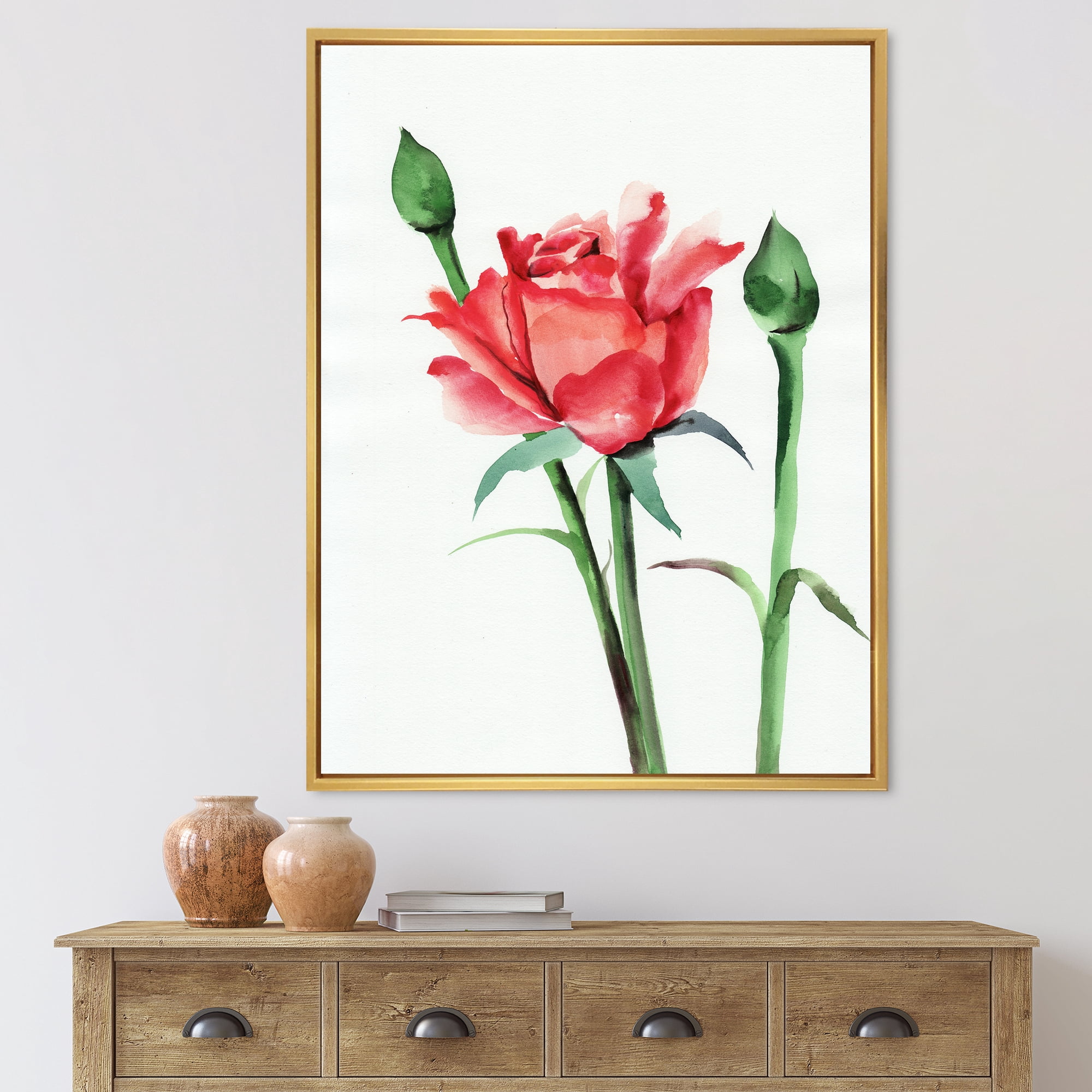 Designart 'Buds With Red Rose' Traditional Framed Canvas Wall Art Print