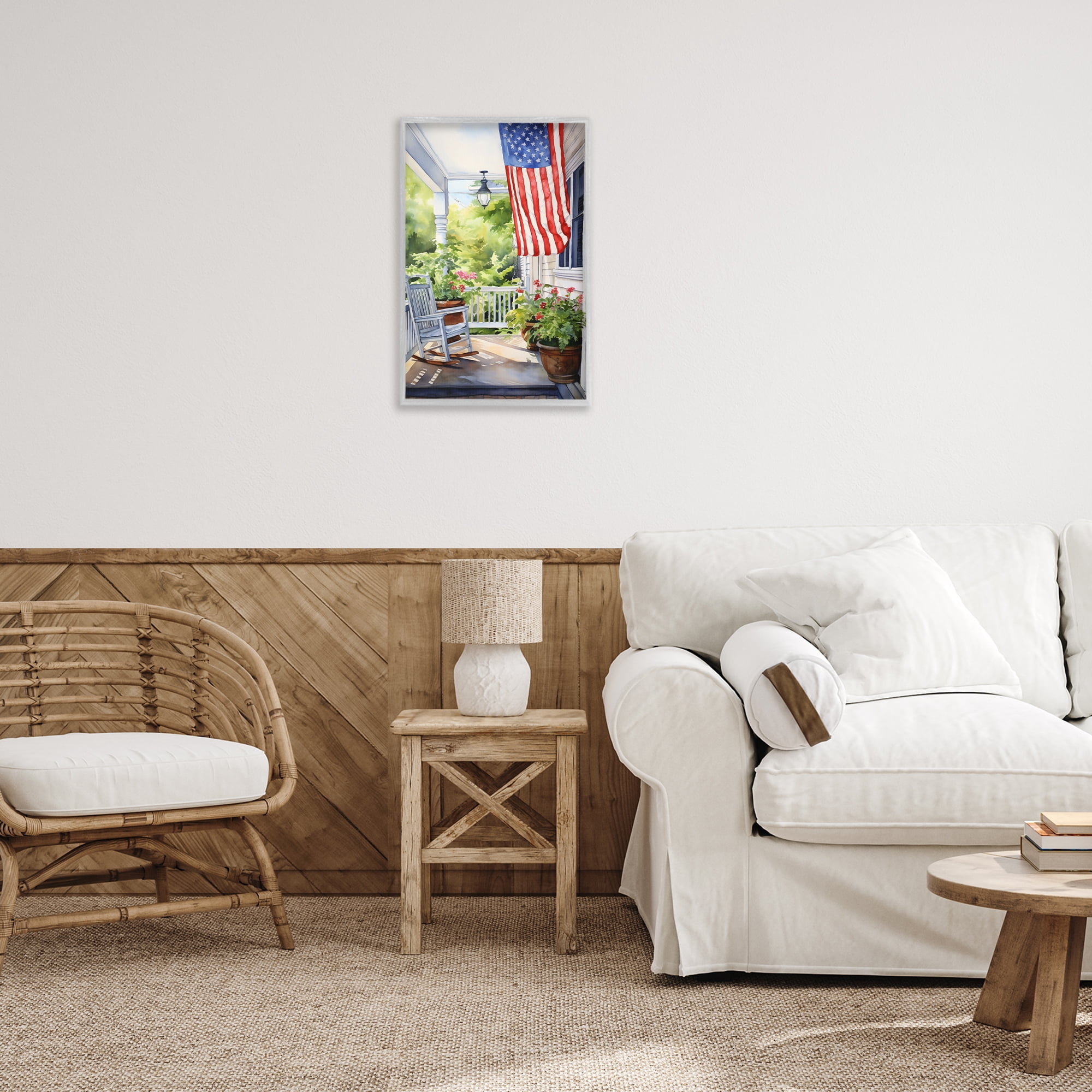 Stupell Industries Patriotic Summer Porch Scenery Painting Gray Framed Art Print Wall Art, 16 x 24