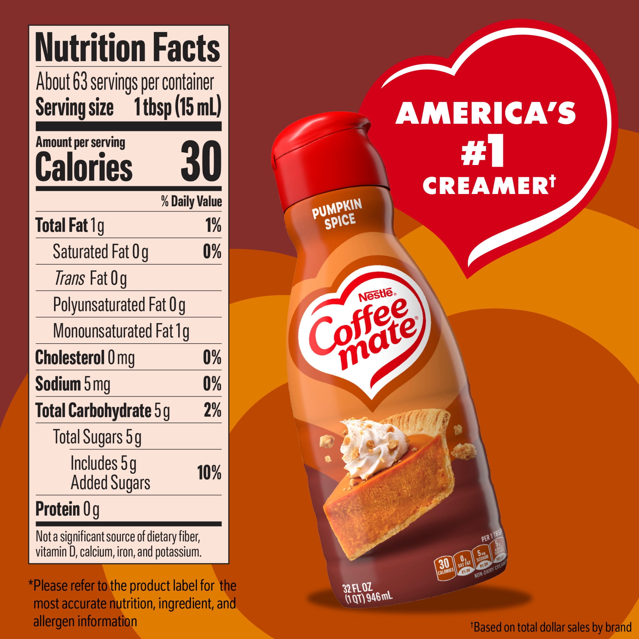 Coffee mate Pumpkin Spice Coffee Creamer, Non-Dairy, Sweet Like Pumpkin Pie, 32 fl oz Bottle