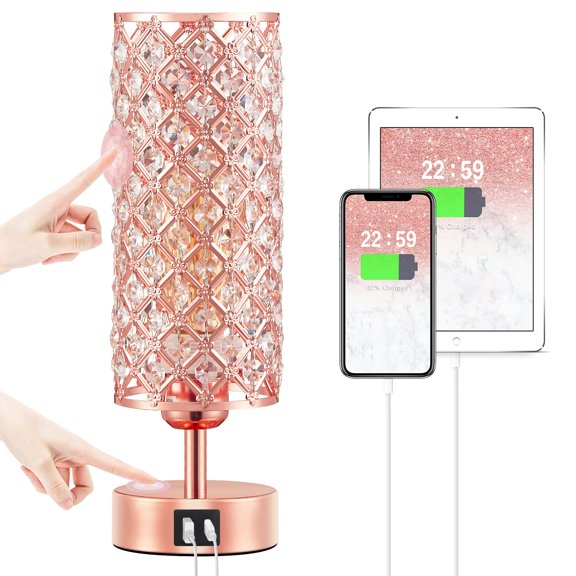 Crystal Table Lamp, 3 Way Dimmable Touch Lamps for Night Stands, Touch Control, USB C A Charging Port, Desk Lamps for girls Bedroom, Living Room, Home Office, Room Decor