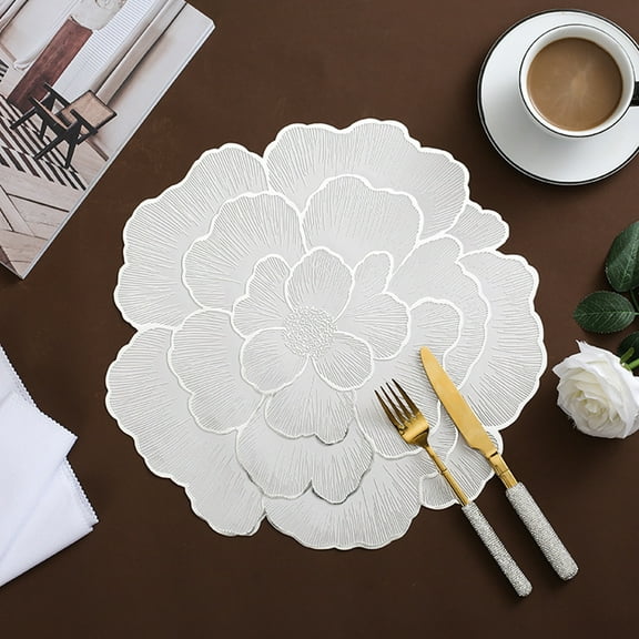HEVIRGO PVC Placemat Wear-Resistant Dining Mat Heat Resistant Table Mat Waterproof Peony Shape Coaster for Home Kitchen Dining Room