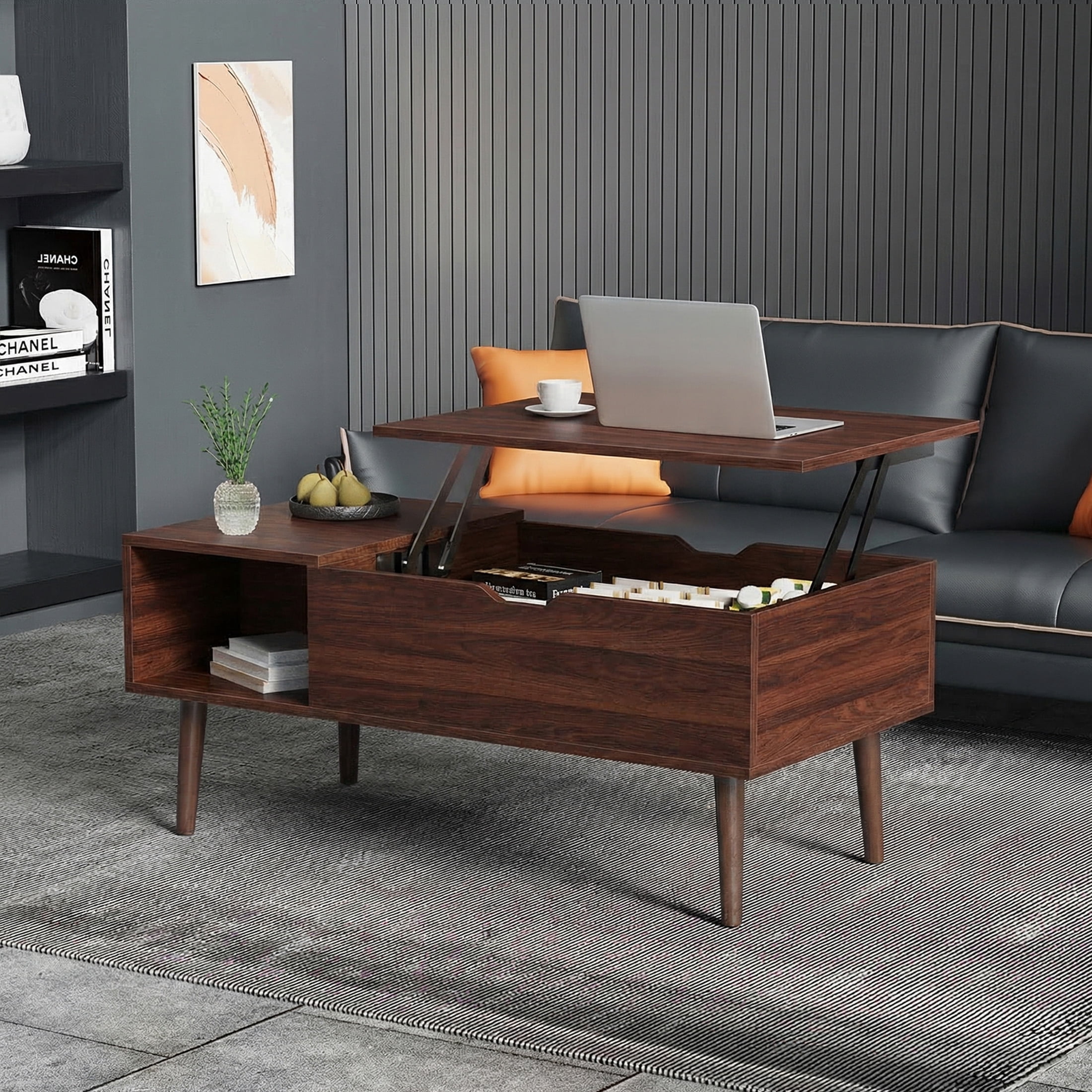 edx Wooden Lift Top Coffee Table with Hidden Compartments and Adjustable Shelves - Ideal for Small Homes, Apartments, Reception Rooms, Dark Brown