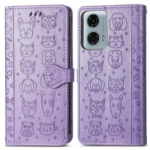 Funda Cartera FOXDOCK para Motorola Moto G24 Power , Flip PU con Relieve de Gatos y Perros, Tarjetero y Soporte