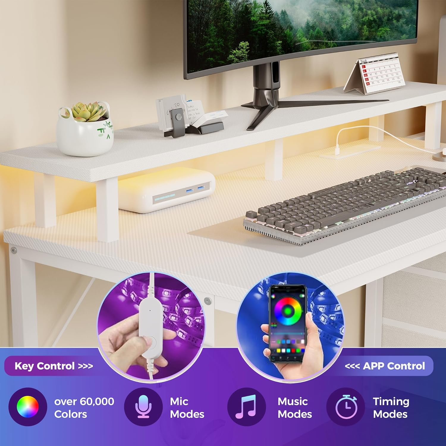 JIOABL 52" Gaming Desk with RGB LED, Built-in Charging Station, Ergonomic Monitor Stand, Storage Drawers, Reversible Shelf, for Teens & Adults, White