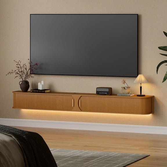 86.6" Floating TV Stand with Power Outlet for TVs up to 90", Mid Century Modern TV Console with RGB LED Lights, Fluted Entertainment Center with Sliding Door for Living Room (Yellow Oak)