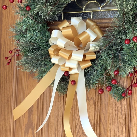 Gold and Ivory Pull Bows - 8" Wide, Set of 6, Christmas, Wedding Pew Bows, Reception, Anniversary, Mardi Gras