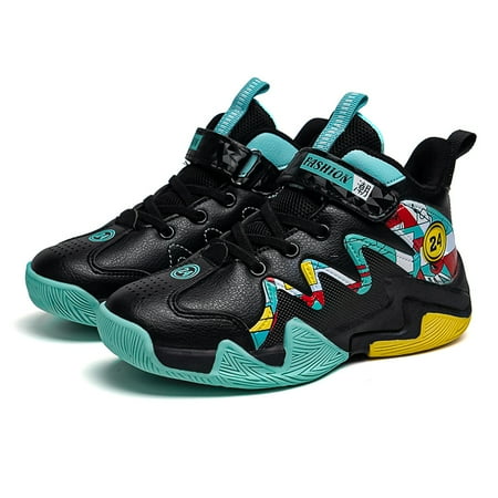 

Boys Casual Stitching Basketball Shoes With Hook And Loop Fastener High Top Non-slip Shock-absorbing Sneakers