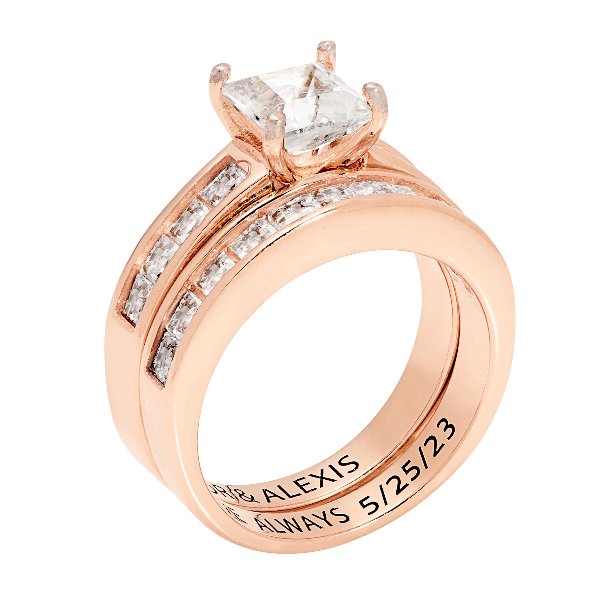 Vow & Forever Personalized Planet Bridal 14K Rose Gold over Sterling Silver Square White Topaz 2 Piece Engraved Wedding Set ,Women's