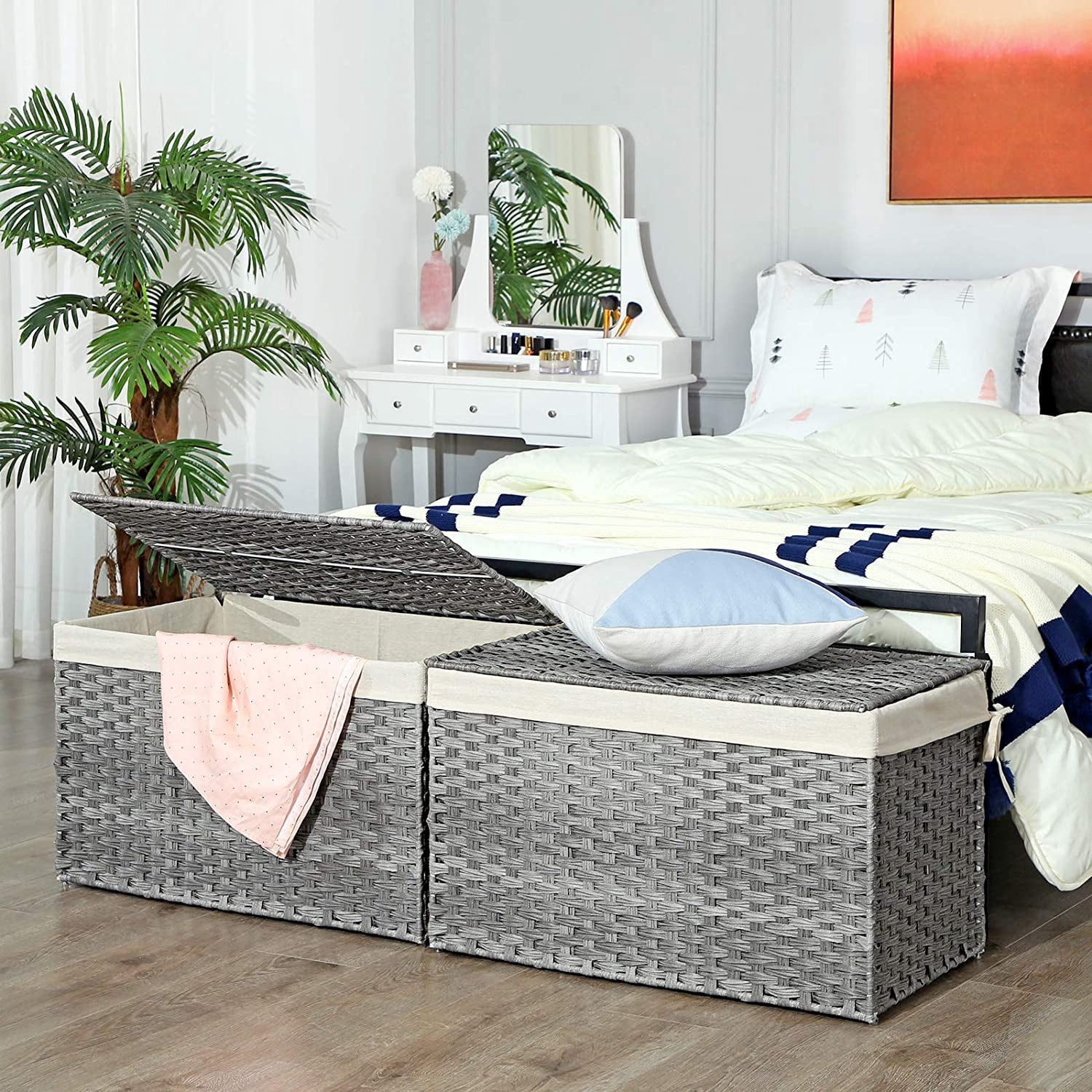 160L Storage Basket Storage Bin Box with Cotton Liner Handles Foldable for Bedroom Closet Laundry Room Gray