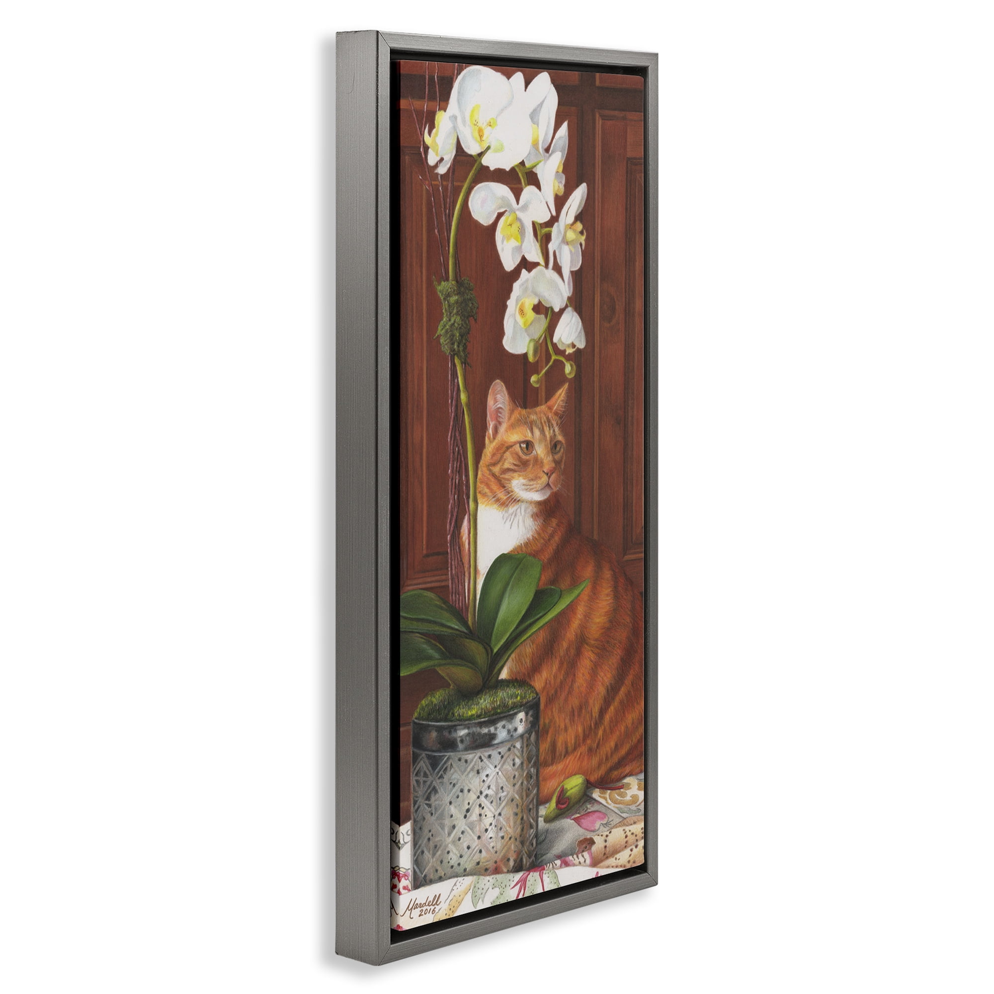 Stupell Industries Cat & Orchid Flower Animals & Insects Painting Gray Floater Framed Canvas Art Print Wall Art, 15 x 31