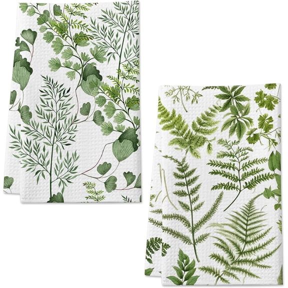 Set of 2 Green Herbs Leaves and Plants Kitchen Towels, Cute Decorative 16x24 inch Hand Towels, Absorbent Dish Towels for Kitchen Drying Dishes, Kitchen Gifts