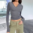 thumbnail image 5 of Trendy Long Sleeve Shirts for Women Fall Fashion V Neck Crop Slim Fitted Y2K Tops Outfits Clothes Grey L, 5 of 7