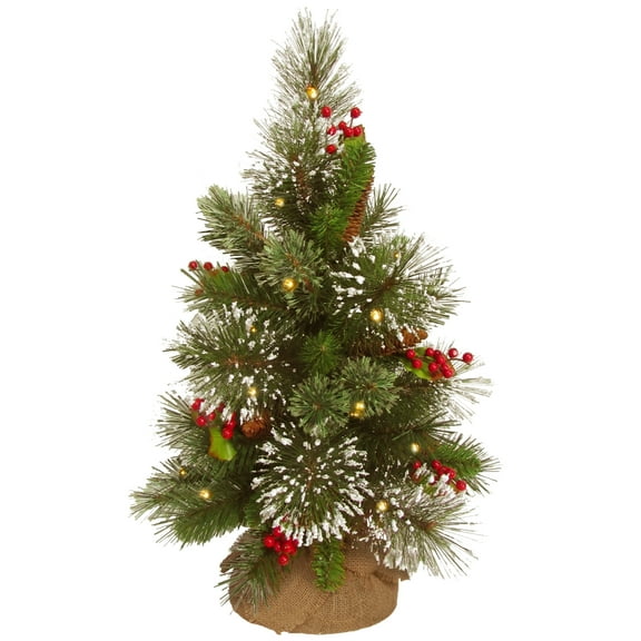 National Tree Company 18 in. Pre-Lit Artificial Christmas Tabletop Tree, Green, Wintry Pine®, Pine Cones, Red Berries, Burlap Bag Base, 15 Warm White Battery Operated LED Lights, Timer