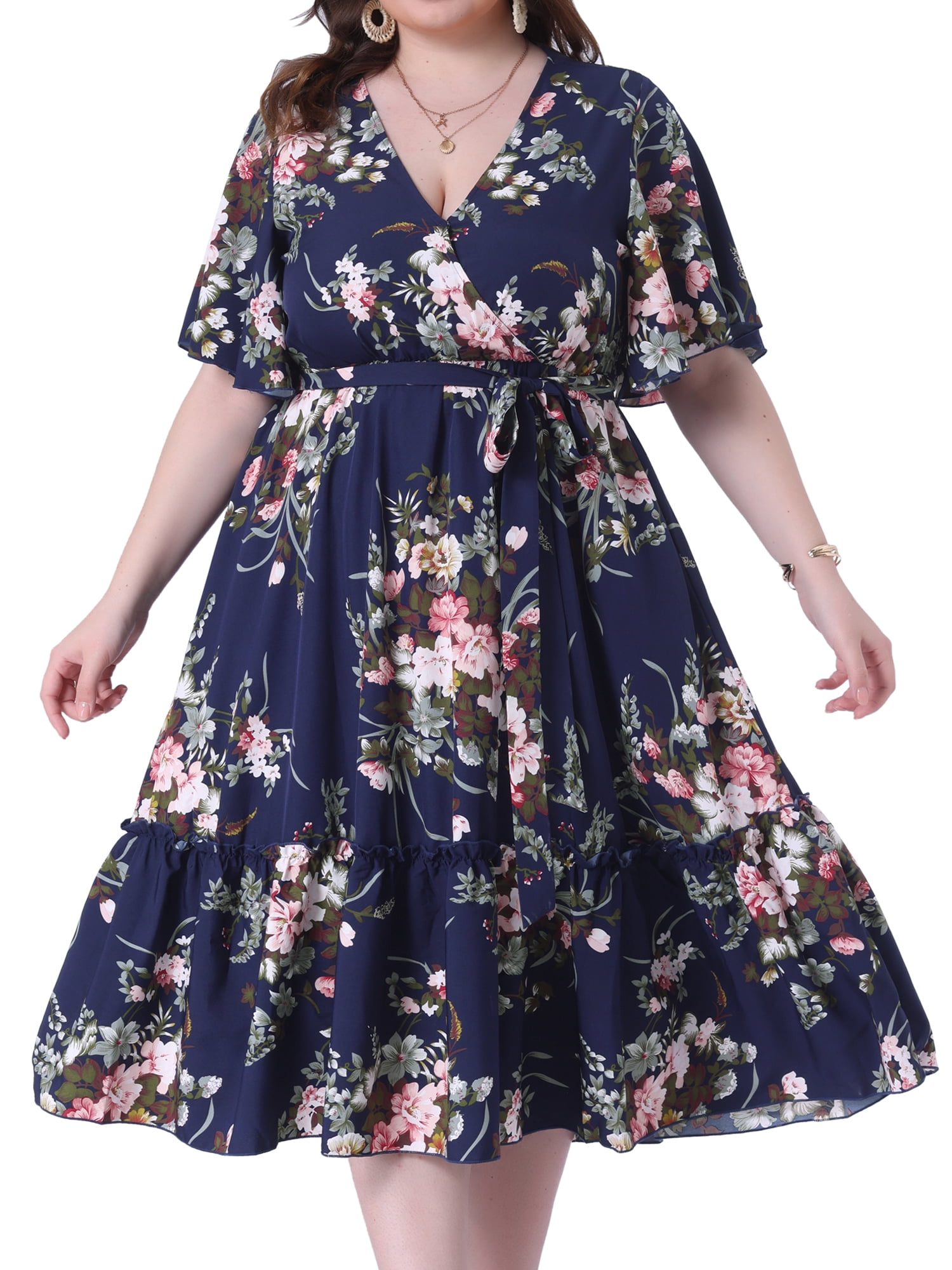 DARING DIVA Plus Size V Neck Wrap Maxi Ruffle Sleeves Belt Dress 3X Navy Blue