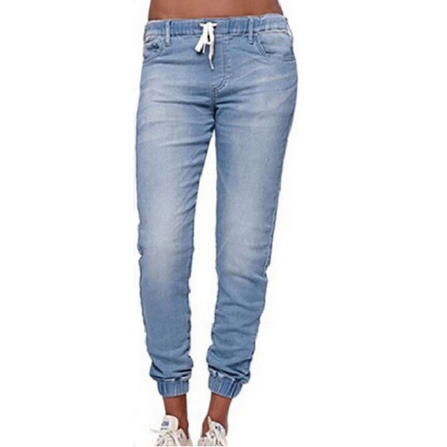 Pantalones vaqueros de cintura elástica con cordón para mujeres casuales(Azul claro-XXXL) Nituyy pantalón