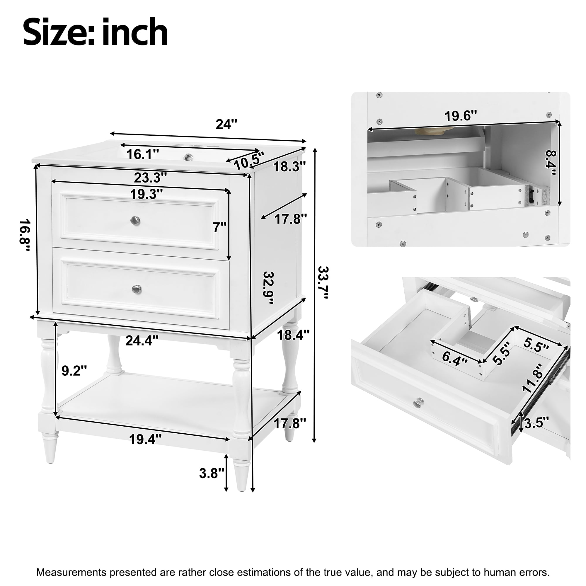 24" Bathroom Vanity with Ceramic Sink, Retro Design Storage Cabinet with 2 Drawers and Open Shelf, for Bathroom, White