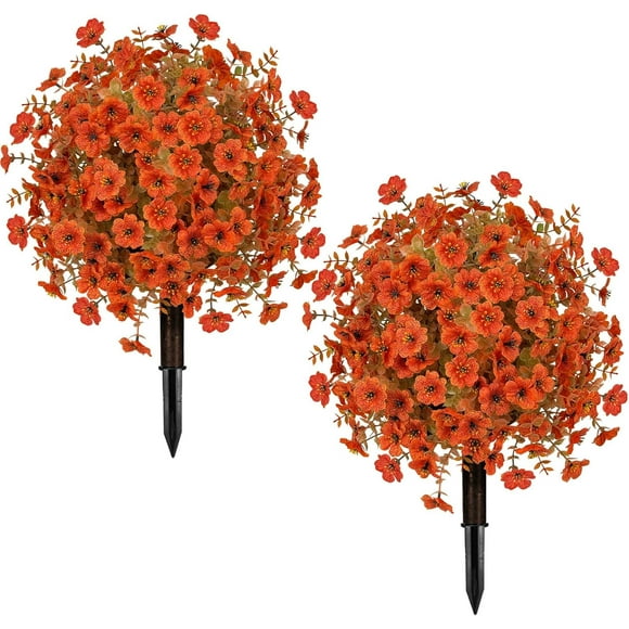 Lot de 2 Arbres Artificiels en Bois de 25,6 Pouces avec Piquet de Sol, Plantes Fausses Résistantes aux UV avec Fleurs de Camélia d'Automne, Arbustes et Buissons Extérieurs pour Décoration de Jardin avant (Orange d'Automne, 2 Pcs)