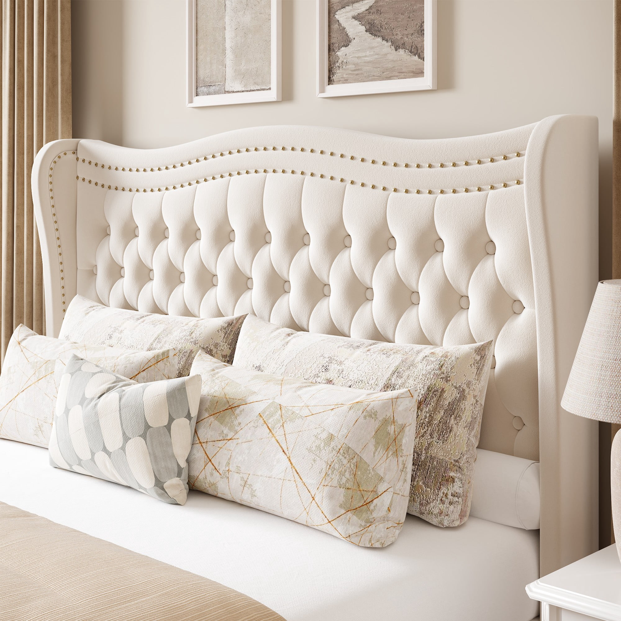 BSHTI Full Size Upholstered Bed Frame with Wingback Headboard – Velvet Diamond Tufting & Double Nail Trim, No Box Spring Needed, Beige