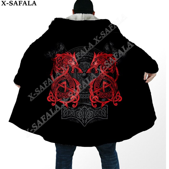 Capa gruesa y cálida con capucha para hombre, abrigo con estampado 3D de armadura vikinga con símbolo de tatuaje de cuervo, abrigo de lana a prueba de viento, bata de Manta, 9