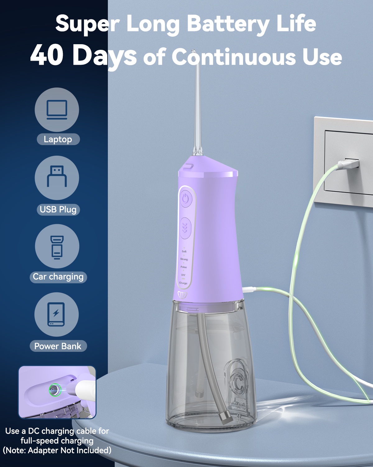 JTF Irrigador Dental Inalámbrico Limpiador Dental con 9 Puntas, Modo DIY, Tanque de 300ml, IPX7 Impermeable, Recargable Portátil para Hogar y Viajes, Púrpura 5
