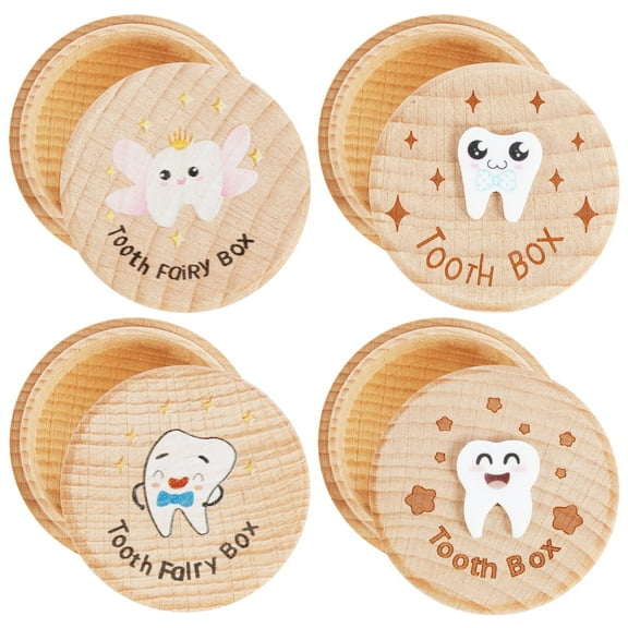 4 Pcs 3D Carved Fairy Box Wood Tooth Storage Box for Lost Teeth Container Cute Tooth Holder 3D Carved Fairy Box for Boys Girls Kids Birthday