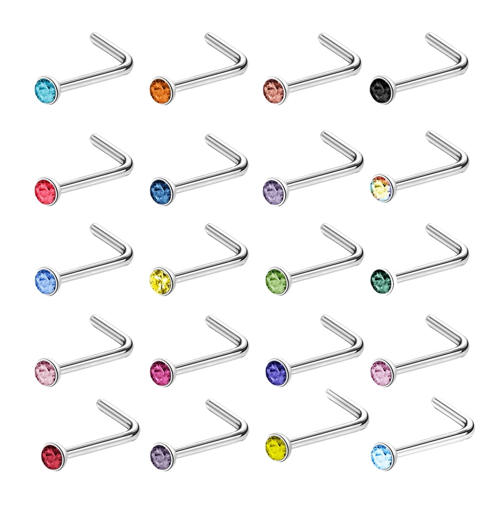 ZS 20Pcs/Set 20g Mulitcolor Cubic Zircon Nose Ring Piercing Round
