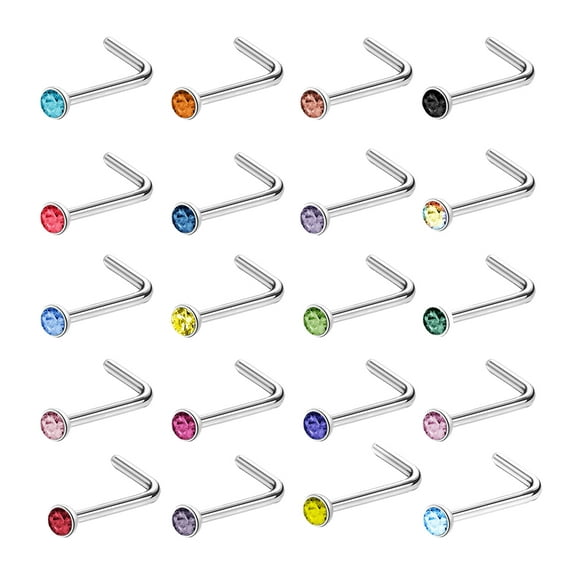 ZS 20Pcs/Set 20g Mulitcolor Cubic Zircon Nose Ring Piercing Round Crystal Nostril Piercing Nose Bone/L Shaped/Nose Screws Nose Stud Piercing