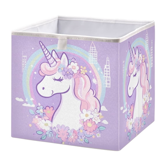 WOBOGO Cute Unicorn Purple Pattern Storage Basket Foldable Easy to Clean Durable with Hollow Support Plate with Handle 11.02×11.02×11.02 in