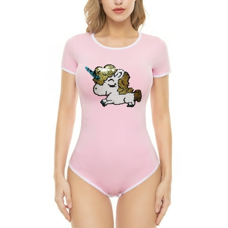CutiePlusU Cotton Button Crotch Bodysuit Onesie Pajamas -Sequins Unicorn Pink 3XL