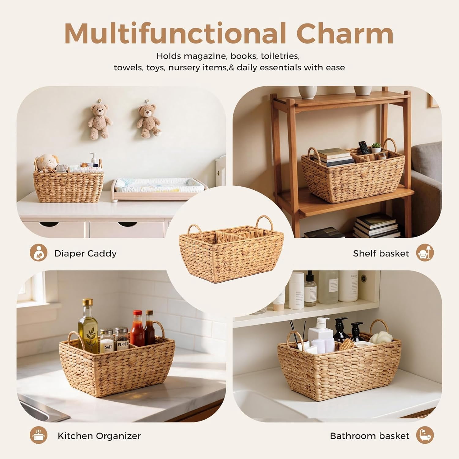 Baby Diaper Caddy Organizer, Handwoven Nursery Basket Changing Table Organizer Natural Water Hyacinth Storage Basket for Nursery Bathroom Kitchen Shelves Office Supplies Organization