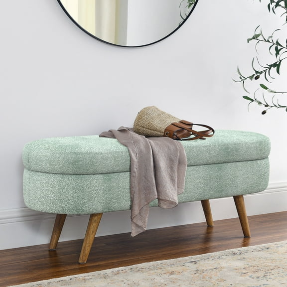 Wooden Storage Benches Ottoman Oval Storage Bench,Rubber Wood Legs, Gray (43.5"x16"x16") Cyan,Indoor Storage Benches