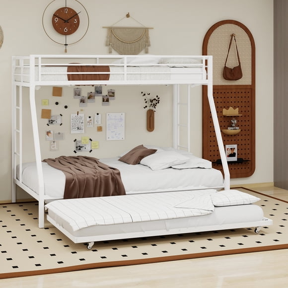 White Three-layer High And Low Bed With Pull-out Sofa Bed Design, Preferred For Saving Space In Small Apartments/dormitories/parent-child Rooms, Suitable For Mattress Size: Twin/Full Size
