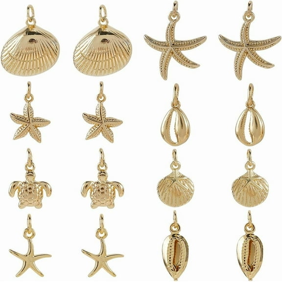 1 Box 16Pcs Real 18K Gold Plated Ocean Theme Charms Starfish Charms Bulk Brass Summer Beach Golden Seashell Sea Turtle Charm for Jewelry Making Charms Necklace Bracelet Party Decorations